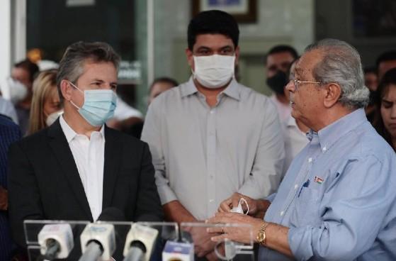 Governador Mauro Mendes ao lado do prefeito Kalil Baracat e do senador Jayme Campos