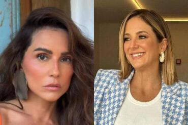 Deborah Secco e Cesar Tralli se encontram na gravação da vinheta de fim de ano